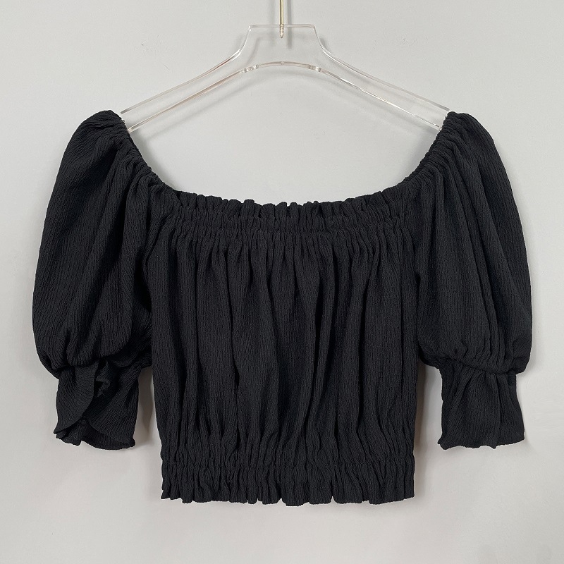 Ženska bluza s izloženim ramenima, puff rukavi, uski kroj, ultra kratka duljina, materijal poliester-elastan