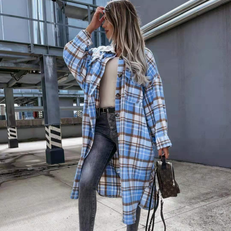 Cămașă în carouri din amestec de bumbac, cu guler polo, mâneci lungi, croială dreaptă