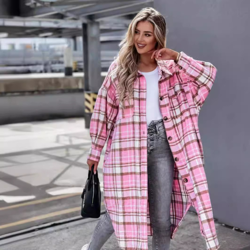 Cămașă în carouri din amestec de bumbac, cu guler polo, mâneci lungi, croială dreaptă