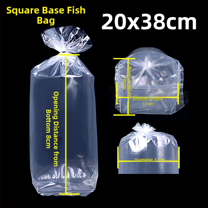 Pungă de ambalare pentru pești ornamentali vii, destinată transportului, cu bază plată pătrată la patru colțuri și plastic îngroșat