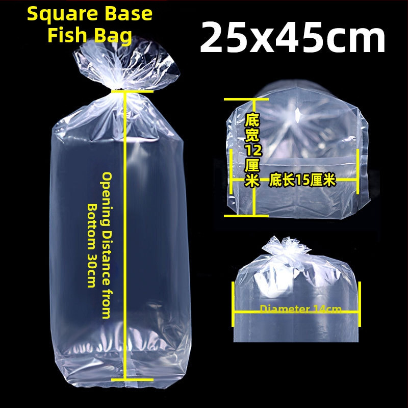 Pungă de ambalare pentru pești ornamentali vii, destinată transportului, cu bază plată pătrată la patru colțuri și plastic îngroșat