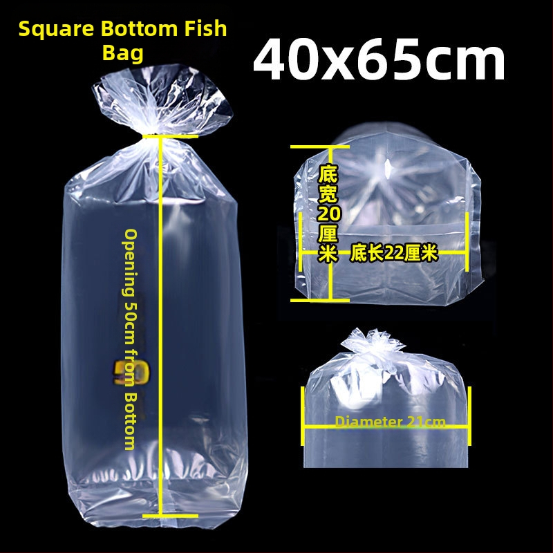 Pungă de ambalare pentru pești ornamentali vii, destinată transportului, cu bază plată pătrată la patru colțuri și plastic îngroșat
