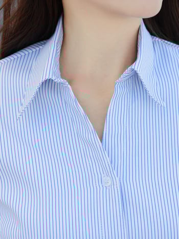 Γυναικείο πουκάμισο ριγέ από βαμβάκι-πολυεστέρα, μακριά μανίκια, στενή γραμμή, χωρίς σιδέρωμα, V-λαιμόκοψη