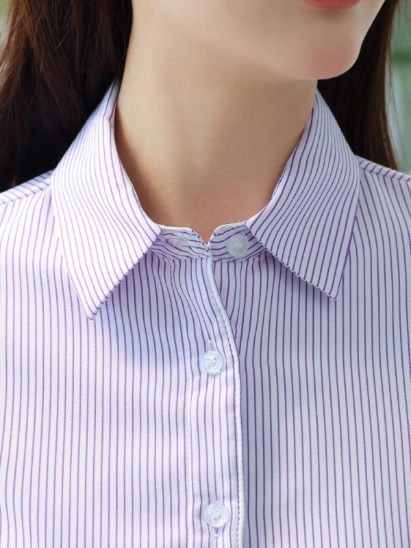 Γυναικείο πουκάμισο ριγέ από βαμβάκι-πολυεστέρα, μακριά μανίκια, στενή γραμμή, χωρίς σιδέρωμα, V-λαιμόκοψη