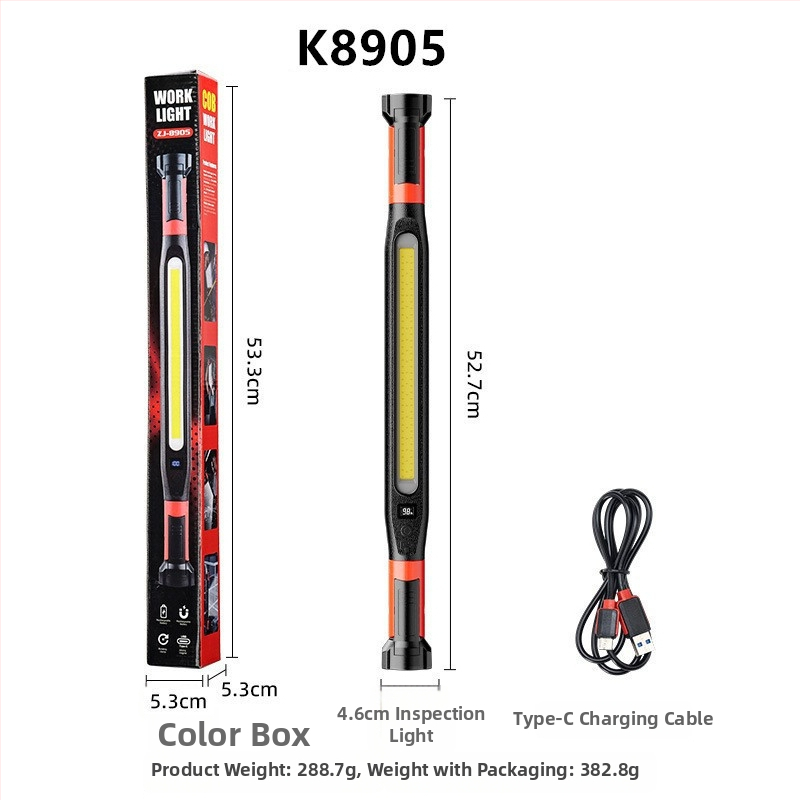 Autójavító mágneses munka lámpa kampóval és klipsszel, 10W COB LED, 2000 mAh akkumulátor, USB töltés, 360°-os forgás, hatótávolság akár 50 m, üzemidő 2-4 óra