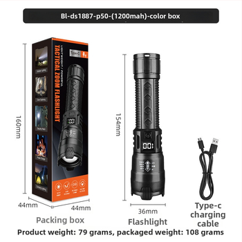 Teleszkópos zoom LED zseblámpa, kültéri, többfunkciós, újratölthető, 5W, 1200mAh, ABS tokozás, hatótáv 500 m felett