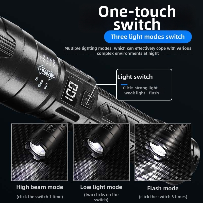 Teleszkópos zoom LED zseblámpa, kültéri, többfunkciós, újratölthető, 5W, 1200mAh, ABS tokozás, hatótáv 500 m felett