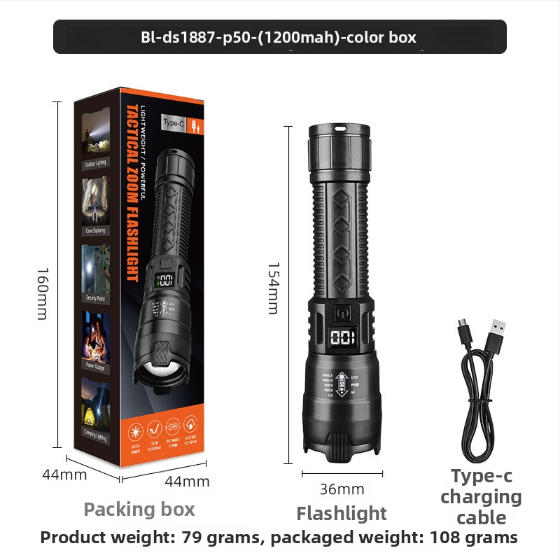 Teleszkópos zoom LED zseblámpa, kültéri, többfunkciós, újratölthető, 5W, 1200mAh, ABS tokozás, hatótáv 500 m felett