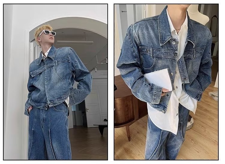 Denim dzseki street-trend stílusban — gallér lapos, bő szabás, egyrészes záródás, hosszú ujjú, poliészter Cowboy anyag