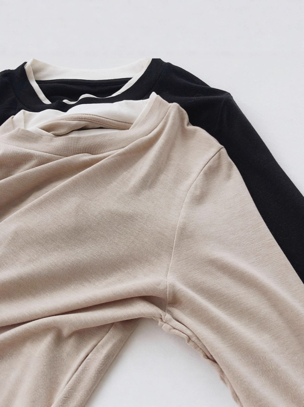 Ženski T-shirt s dugim rukavima, lažni dvodijelni set, okrugli ovratnik, poliester 70–80%, duljina 50–65 cm