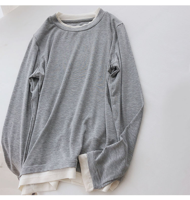 Ženski T-shirt s dugim rukavima, lažni dvodijelni set, okrugli ovratnik, poliester 70–80%, duljina 50–65 cm