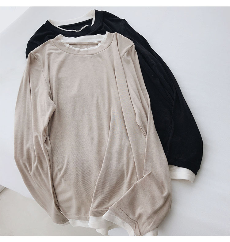 Ženski T-shirt s dugim rukavima, lažni dvodijelni set, okrugli ovratnik, poliester 70–80%, duljina 50–65 cm