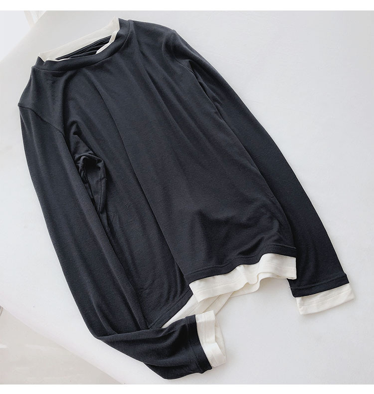 Ženski T-shirt s dugim rukavima, lažni dvodijelni set, okrugli ovratnik, poliester 70–80%, duljina 50–65 cm