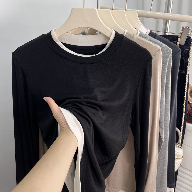 Ženski T-shirt s dugim rukavima, lažni dvodijelni set, okrugli ovratnik, poliester 70–80%, duljina 50–65 cm