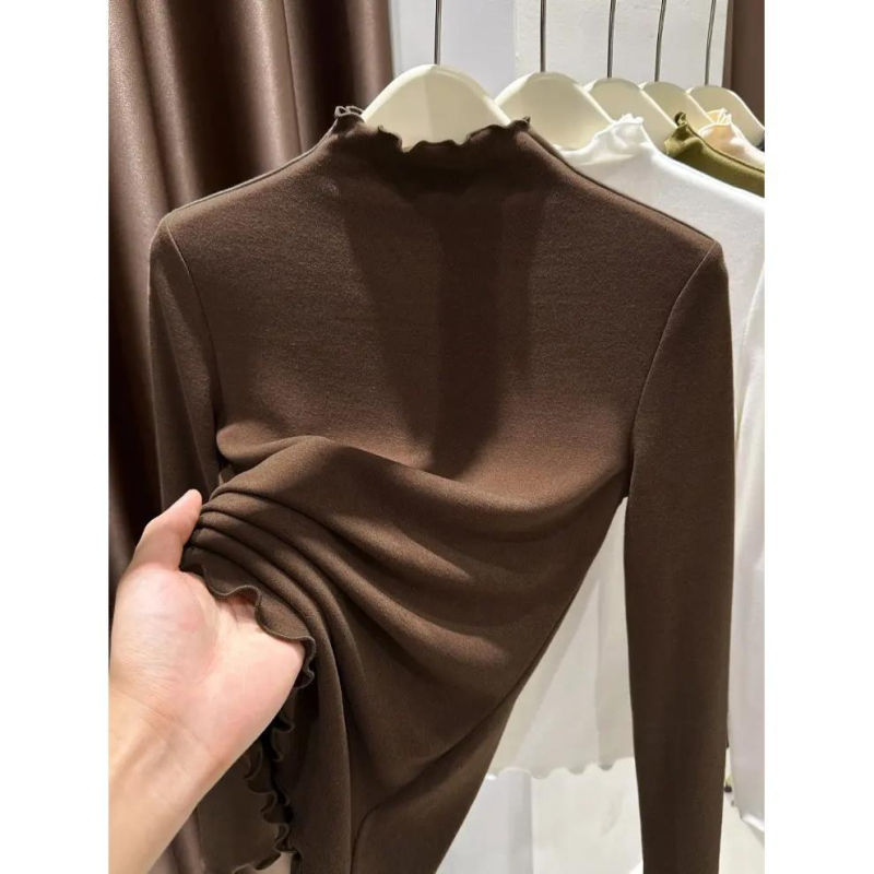 Ženski T-shirt s funkcijom samozagrijavanja, mock-neck ovratnik, dugi rukavi, uski kroj, Derong tkanina (poliester)