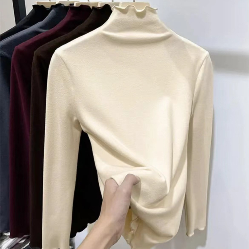 Ženski T-shirt s funkcijom samozagrijavanja, mock-neck ovratnik, dugi rukavi, uski kroj, Derong tkanina (poliester)