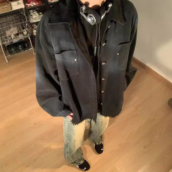 Jachetă denim pentru bărbați, cu guler Lapel, închidere cu nasturi pe un rând, croială lejeră, bumbac 51–70%