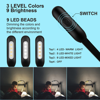 LED klips lampica za čitanje s klipom za note, USB punjenje, noćna svjetlost, ugrađena 5W baterija