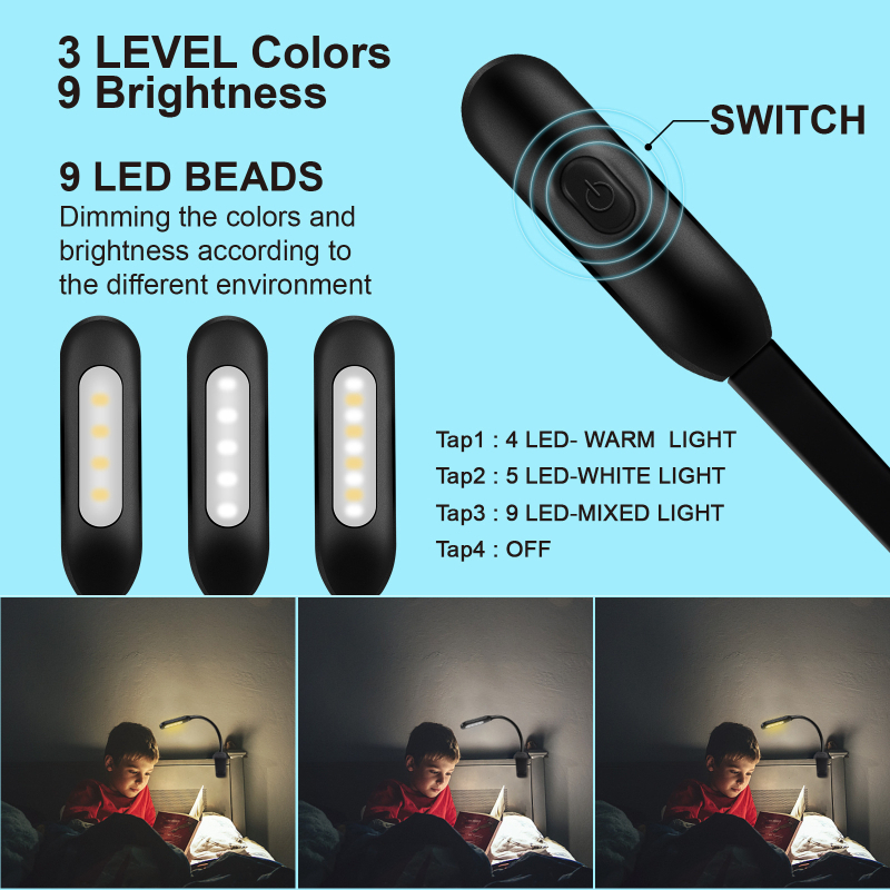 LED klips lampica za čitanje s klipom za note, USB punjenje, noćna svjetlost, ugrađena 5W baterija