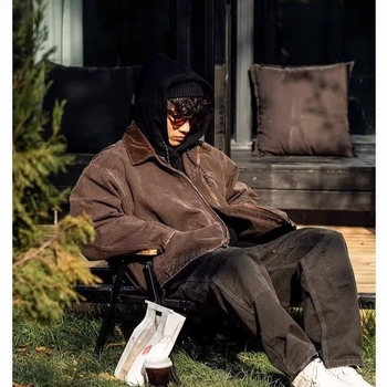Jakna - vintage stil, rever ovratnik, zip zatvarač, širok kroj, bočni džepovi