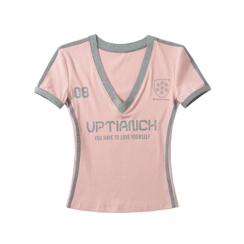 T-shirt s kratkim rukavima, V-izrez, street hipster stil, Spandex materijal