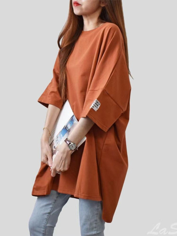 Majica s opuštenim krojem, okrugli izrez, 3/4 rukava, otisak s slovima i brojevima, mješavina pamuka i poliestera