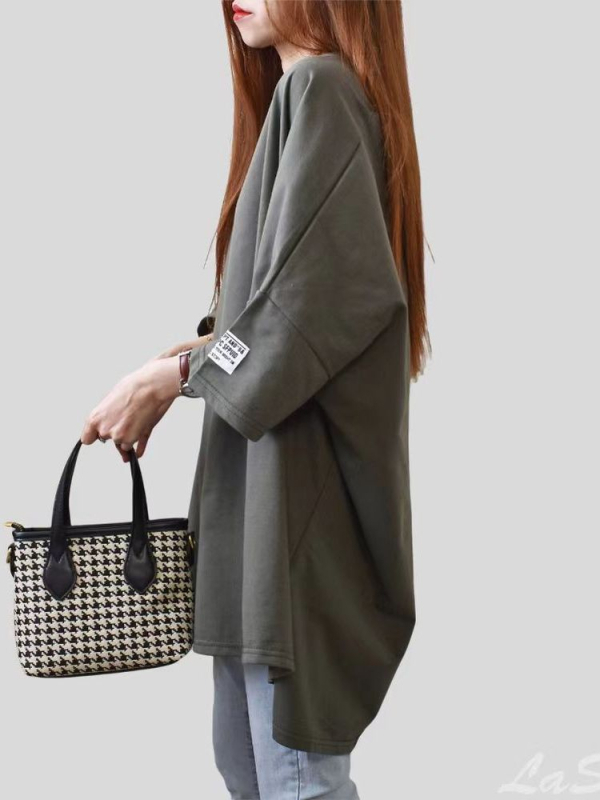 Majica s opuštenim krojem, okrugli izrez, 3/4 rukava, otisak s slovima i brojevima, mješavina pamuka i poliestera