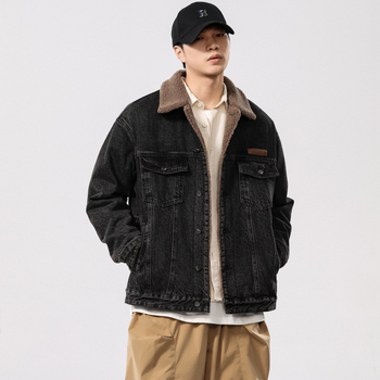 Muška zimsku jakna od denima – ovratnik tipa lapel, podstava od fleesa, debeli pamuk-poliester materijal, džepovi s patch detaljima, jednostruko kopčanje