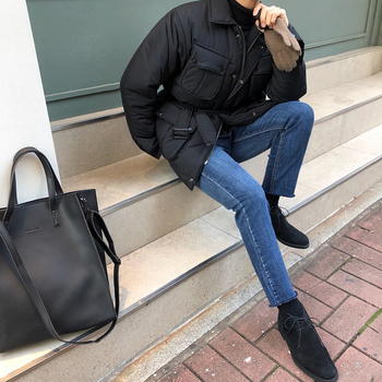 Muška zimska jakna s punom od vinilona, opuštena silueta, zatvarač, rever, pojas