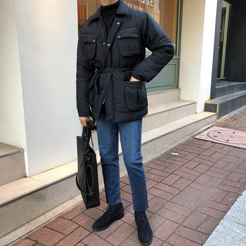 Muška zimska jakna s punom od vinilona, opuštena silueta, zatvarač, rever, pojas