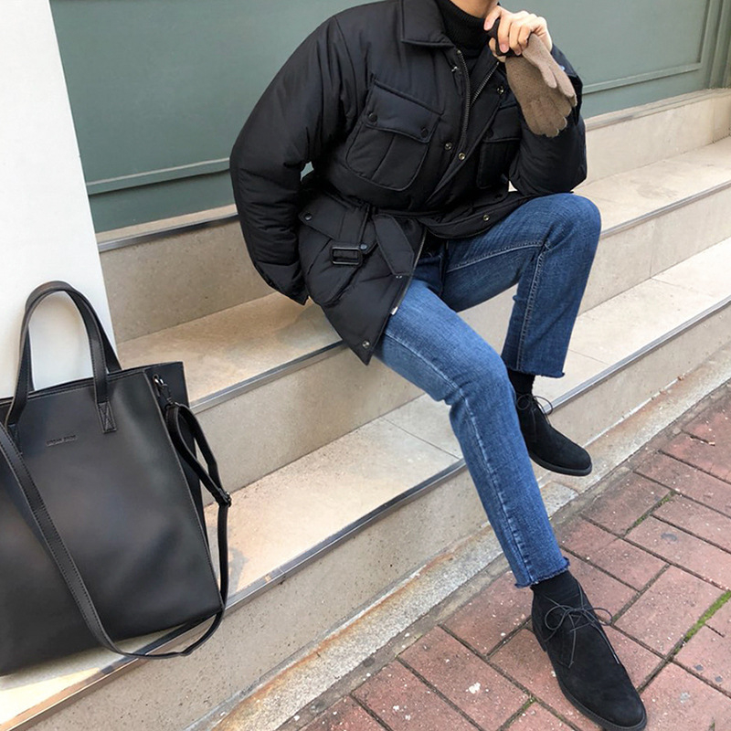 Muška zimska jakna s punom od vinilona, opuštena silueta, zatvarač, rever, pojas