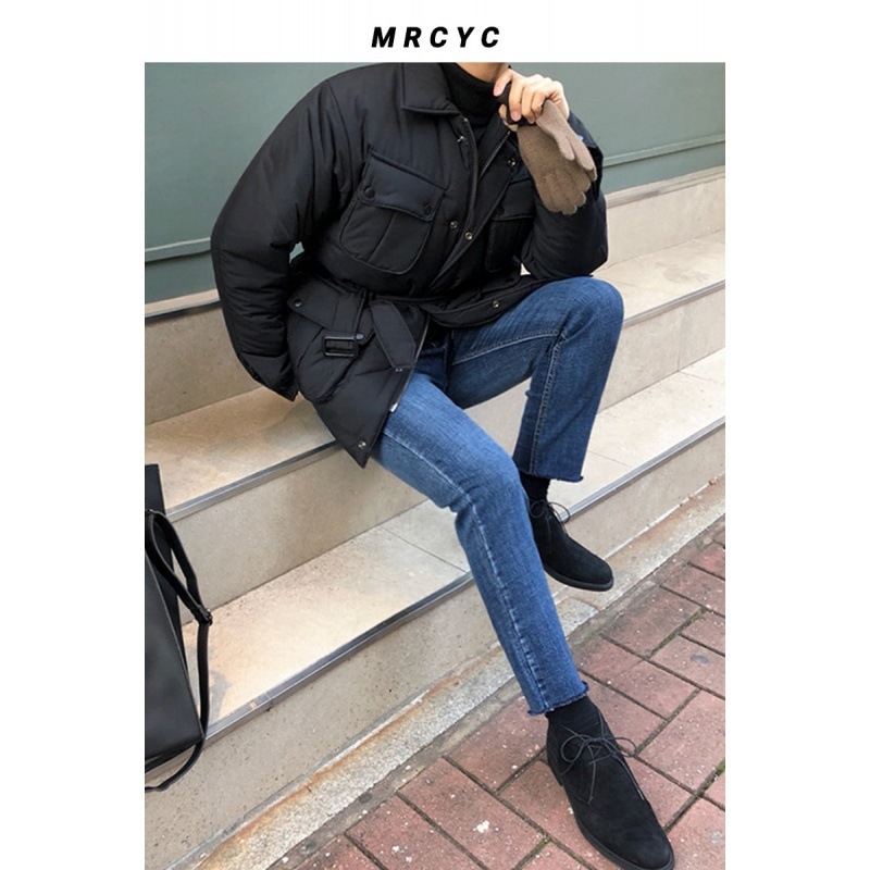 Muška zimska jakna s punom od vinilona, opuštena silueta, zatvarač, rever, pojas