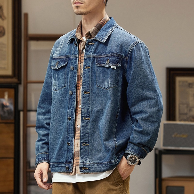 Korejska stil pamuk-denim jakna, ovratnik rever, jednostruko kopčanje, opušten kroj, proljeće