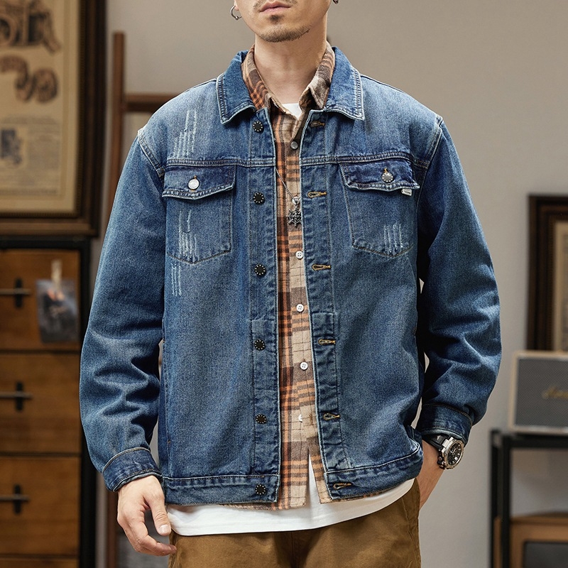 Korejska stil pamuk-denim jakna, ovratnik rever, jednostruko kopčanje, opušten kroj, proljeće