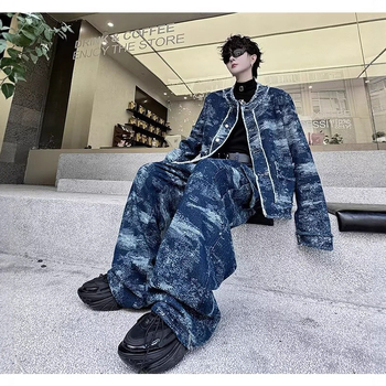 Jesenska denim jakna za muškarce, ulični stil, bez ovratnika, bez rukava, jednostruko kopčanje, džepovi sa svijetlim šavovima