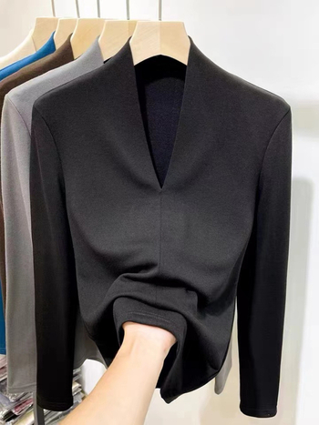 Ženski top s dugim rukavima i V-izrezom, uska silueta, Derong poliester-spandeks smjesa, jednobojni, jesen-zima