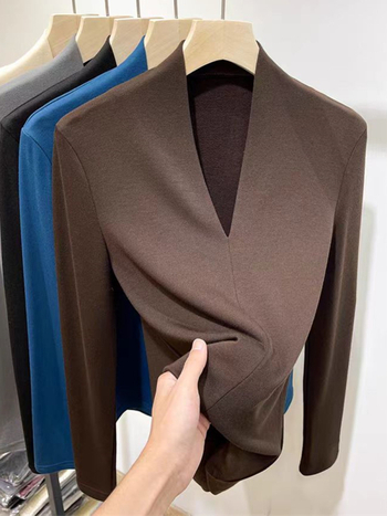 Ženski top s dugim rukavima i V-izrezom, uska silueta, Derong poliester-spandeks smjesa, jednobojni, jesen-zima