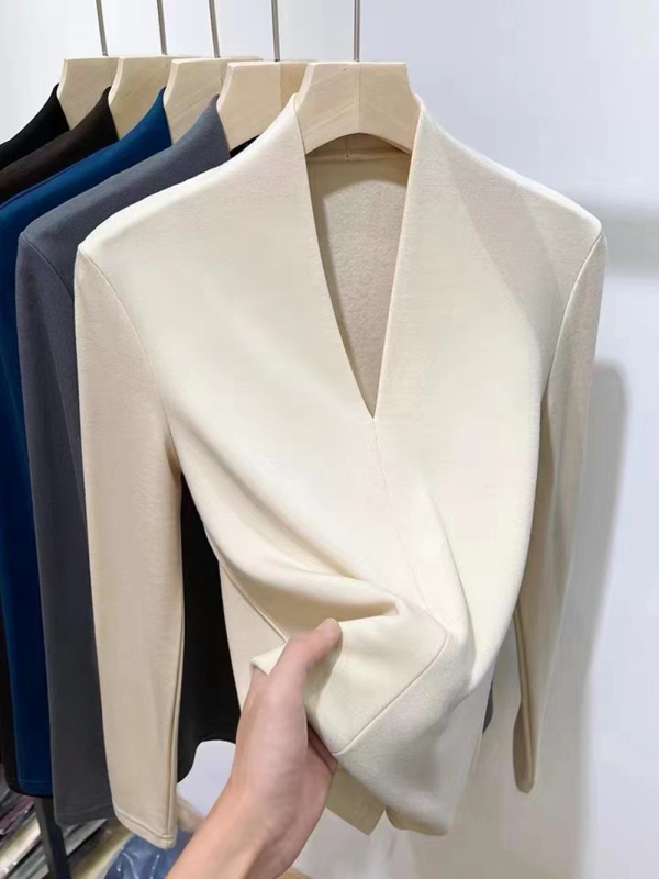 Ženski top s dugim rukavima i V-izrezom, uska silueta, Derong poliester-spandeks smjesa, jednobojni, jesen-zima