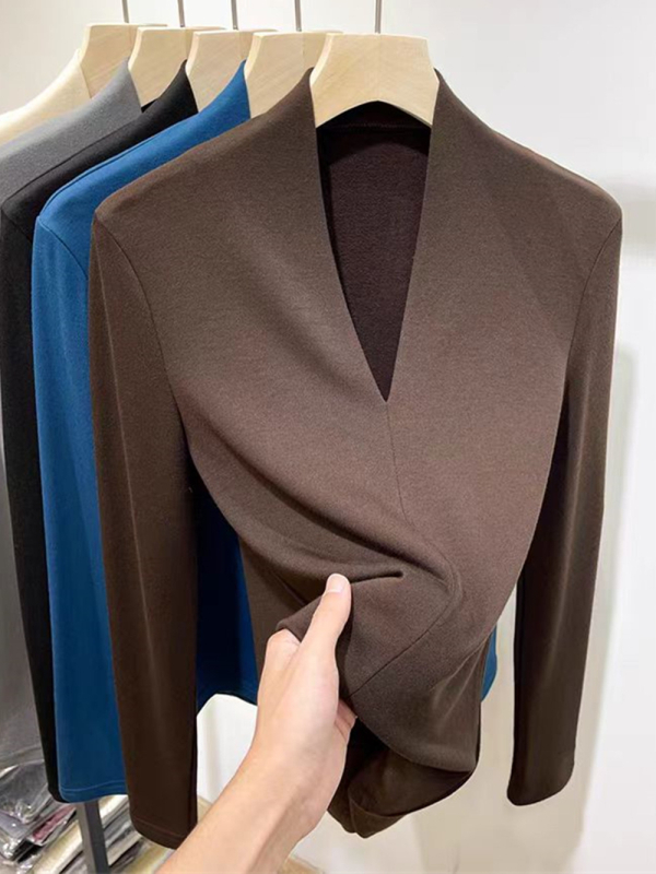 Ženski top s dugim rukavima i V-izrezom, uska silueta, Derong poliester-spandeks smjesa, jednobojni, jesen-zima