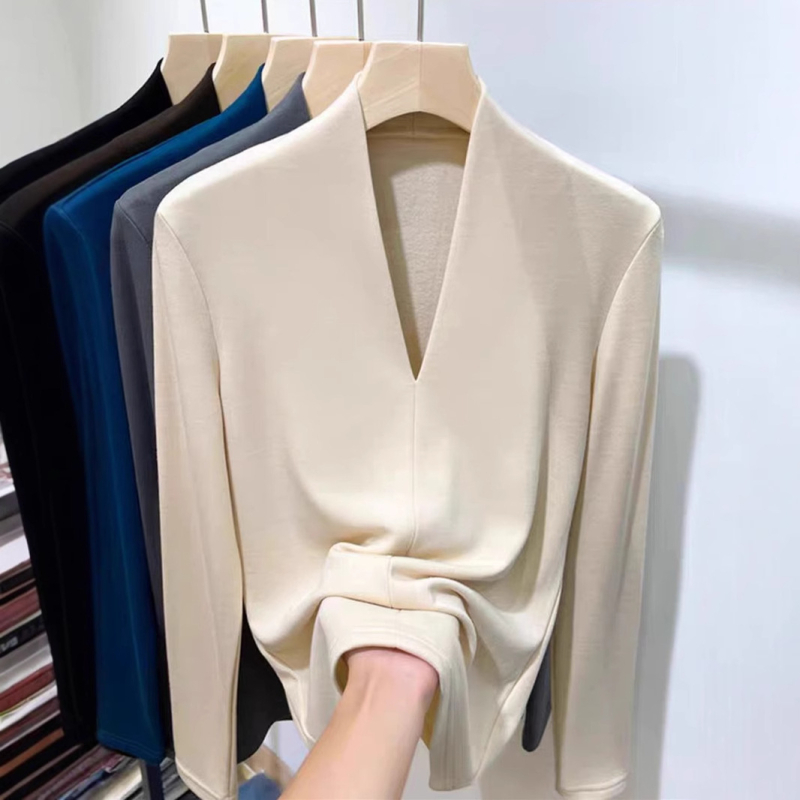 Ženski top s dugim rukavima i V-izrezom, uska silueta, Derong poliester-spandeks smjesa, jednobojni, jesen-zima