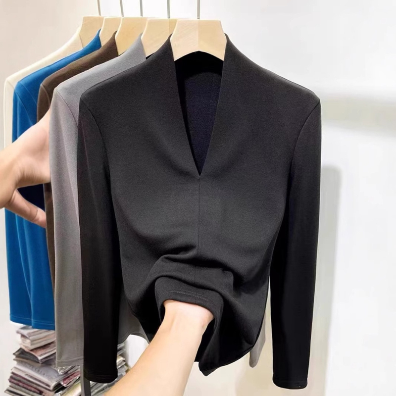 Ženski top s dugim rukavima i V-izrezom, uska silueta, Derong poliester-spandeks smjesa, jednobojni, jesen-zima