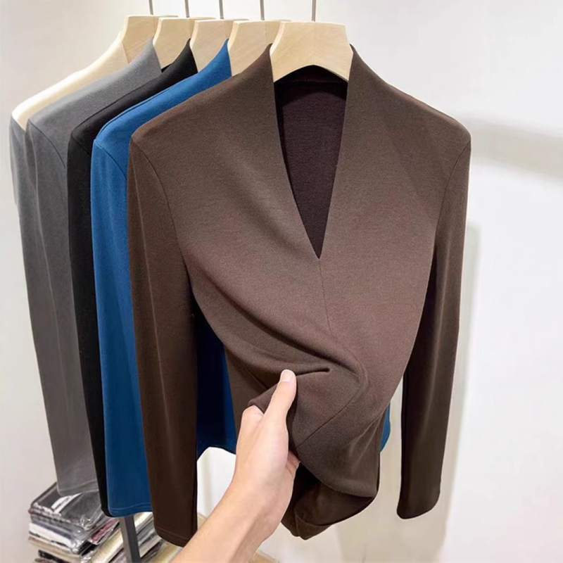 Ženski top s dugim rukavima i V-izrezom, uska silueta, Derong poliester-spandeks smjesa, jednobojni, jesen-zima