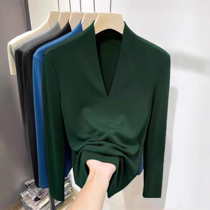 Ženski top s dugim rukavima i V-izrezom, uska silueta, Derong poliester-spandeks smjesa, jednobojni, jesen-zima