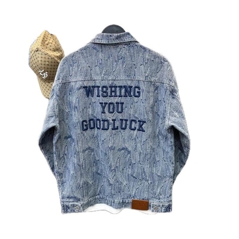 Muška traper jakna s izšivenim slovima, rever ovratnik, isprano casual, široki kroj, dugi rukavi