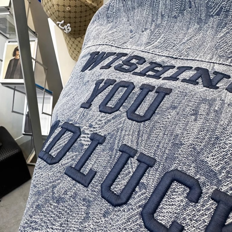 Muška traper jakna s izšivenim slovima, rever ovratnik, isprano casual, široki kroj, dugi rukavi