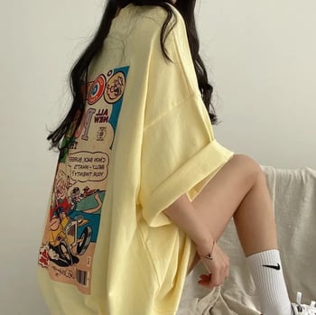 Tricou din bumbac cu imprimeu cartoon, mâneci scurte, croială lejeră oversize, lungime medie