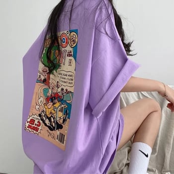 Tricou din bumbac cu imprimeu cartoon, mâneci scurte, croială lejeră oversize, lungime medie