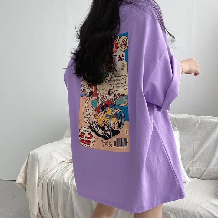 Tricou din bumbac cu imprimeu cartoon, mâneci scurte, croială lejeră oversize, lungime medie