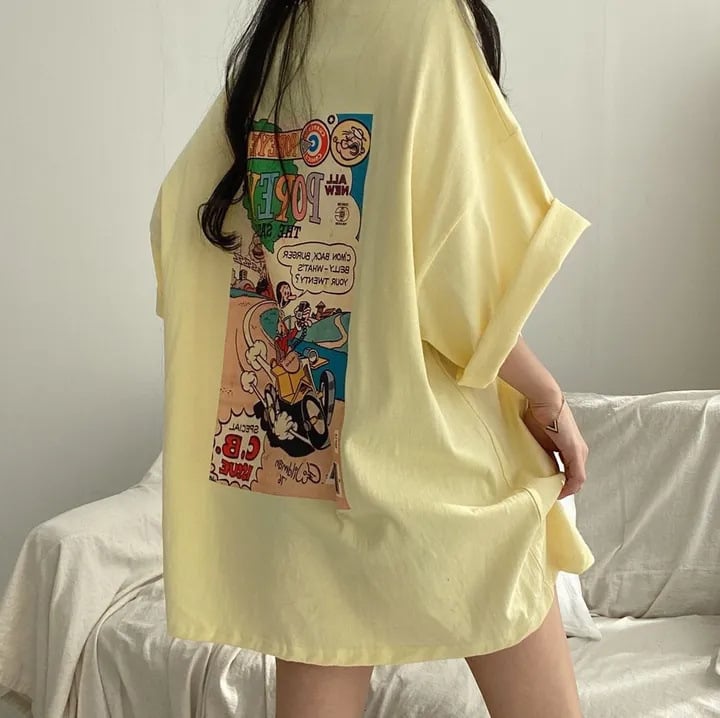 Tricou din bumbac cu imprimeu cartoon, mâneci scurte, croială lejeră oversize, lungime medie