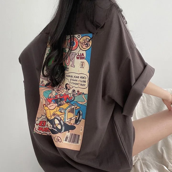 Tricou din bumbac cu imprimeu cartoon, mâneci scurte, croială lejeră oversize, lungime medie